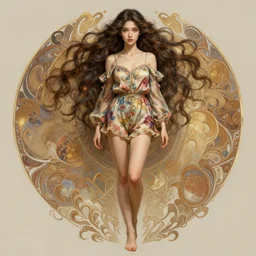 cute cherokee woman with a beautiful face and eyes, long hair, wearing a flowery romper, long legs, fantasy, intricate, full body shot, sexy, highly detailed, digital painting, artstation, concept art, wallpaper, smooth, sharp focus, realistic photo by artgerm and greg rutkowski and alphonse mucha