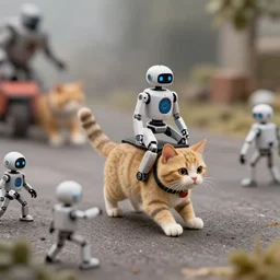 tiny humanoid robots riding cats into war.