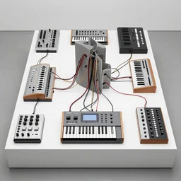 dezeen showroom , minimalissimo, archdaily, teenage engineering moad, mother of all decks, product design concept, top down view of wires & synthesizer made by frank gehry , dieter rams, 8k, high detailed photo