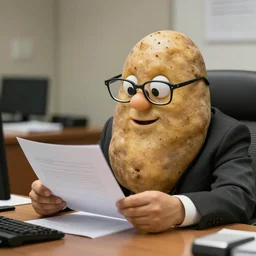 photo of a real Mr. Potato in a suit and glasses, reading a document at a desk in an office. Highly detailed 8k. Intricate. Sony a7r iv 55mm. Award winning.