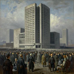 education of the masses, dystopia, oil painting, wide angle, totalitarian, brutalist architecture, limbo, impactful masterpiece, by anton fadeev, by kunkle brad, by wayne barlowe, by ivan aivazovski, by nolan, by denis villeneuve