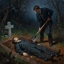 a man with a shovel standing digging up a grave with a dead body, by Nicola Samori, painting, 8k, high detail, subtle blue, orange, and dark green tones, high quality, high detail, dark colors, sinister atmosphere, dramatic lighting, cinematic, establishing shot, extremely high detail, photo realistic, cinematic lighting