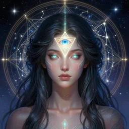 a gallent goddess with glowing third eye chakra and hair, geometric third eye triangle, sci - fi face, constellation geometry mandal background, breathtaking stars, elegant, highly detailed, digital painting, artstation, concept art, smooth, sharp focus, spiritual art, art by artgerm and greg rutkowski and alphonse mucha, psychedelic