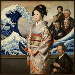 museum quality painting of yamaguchi momoe in kimono, in the style of jan van eyck, tom bagshaw, jean delville, william bouguereau, albrecht durer, hokusai