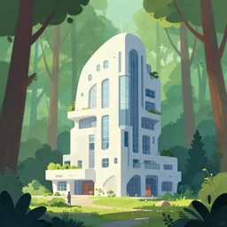 an illustration of a post - modern building in the woods trending on artstation central composition very cartoon shape focus high detailed by anton fadeev