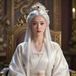 portrait of royal princess with white hair, complex clothing silk clothing with small gold details, fantasy, headpiece, digital illustration, movie still, 4 k, highly detailed, octane renderer, artstation trending, cinematic lighting, throne room