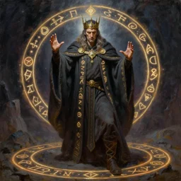 A wild magic sorcerer. He is wearing a cloak with glowing runes on it and a crown. He is frowning seriously. He is preparing to cast a spell to banish the old gods. He is standing in spell circle. Award winning realistic oil painting by Thomas Cole and Wayne Barlowe
