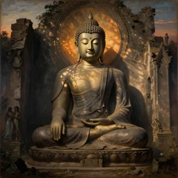 detailed matte painting of a budha sitting in gothic ruins, with stunning evening dusk sunlight dappled light and god rays, old master painting by hsiao - ron cheng, miho hirano,
