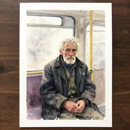 small centered on watercolor paper, paint brush strokes, abstract watercolor painting of old man on tram, poor and rugged, foggy dawn, morning dew, cinematic light, national romanticism by hans dahl, by jesper ejsing, by anders zorn, by greg rutkowski, by greg manchess, by tyler edlin