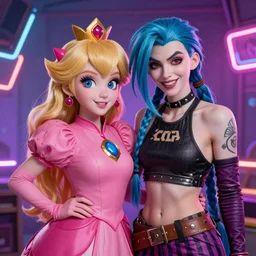 Princess peach mixed with jinx from league of legends, background with neon lighting, trending on artstation, by Joe Benitez, WLOP, Alessandro Barbucci, Barbara Canepa