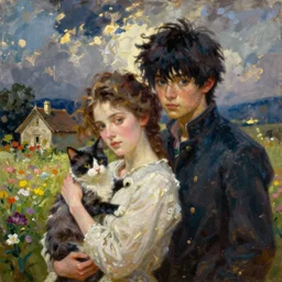 an oil painting of [ nagito komaeda and hajime hinata ] painted by [ pierre auguste cot ], dramatic, beautiful textures, dynamic lighting, landscape painting [ a woman and her cat ] in a field of flowers, cottage, realistic hair, [ realistic and epic ]