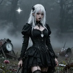 a realistic detail portrait of a pretty huntress dress black clock has white hair, battlefield, goth, around flower, abandoned, shining star, traveller, raining, mist by Wolp, Sparth, Paul-chadeisson, Dylan Cole, Jin Kim, black scheme, 8k, Unreal Engine 5