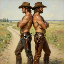 a homoerotic painting by tom of finland, greg rutkowski, alphonse mucha j. c. leyendecker of two attractive hairy cowboy gunslingers in love standing back to back | bandoliers, shirtless, leather clothing | natural lighting, path traced, highly detailed, high quality, digital painting, trending on artstation