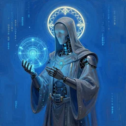 a gray faceless figure, ascended, robot wizard, NPC with a saint's halo, saintly halo behind their head made of neon filigree, consulting the cyber oracle of all knowledge, at the end of time, in an esoteric ritual exchange of physical code, 8k, 4k, unreal 5, DAZ, trending on artstation, octane render, abstract painting, bright blue future