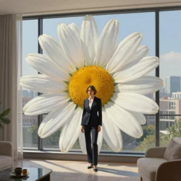 giant daisy flower head, woman in suit, standing in modern window in luxury apartment, surreal photography, sunlight, impressionist painting, digital painting, artstation, simon stalenhag
