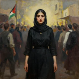 dramatic painting of palestine woman in black dress over a crowd
