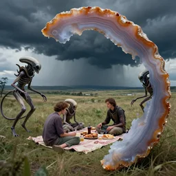 dendritic agate, still frame from'venus xenomorphs picnic in storm'movie by rembrandt, xenomorphs in stormy venus landscape by malczewski, rural xenomorphs on landscape by jakub rozalski, xenomorphs on picnic by giger