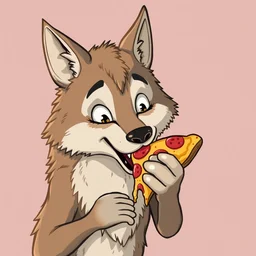 anthropomorphic cartoon wolf eating a slice of pizza by caitlin hackett