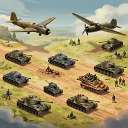 isometric photo of a ww 2 battlefield with tanks and military planes and soldiers, epic, beautiful, dramatic, colorful