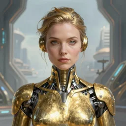 closeup portrait shot of a female biomechanic woman in a scenic scifi environment, intricate, elegant, highly detailed, centered, digital painting, artstation, concept art, smooth, sharp focus, gilded body, illustration, thomas kinkade, tomasz alen kopera, peter mohrbacher, donato giancola, leyendecker, boris vallejo