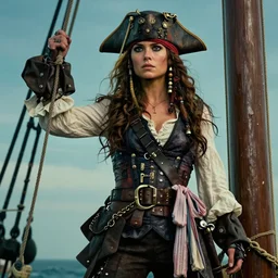 film still of danielle panabaker as a pirate, standing on the mast, realistic shaded lighting poster by greg rutkowski, cinematic lighting, sharp focus, highly detailed attributes and atmosphere