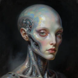 a neoclassicist close - up portrait of an interdimensional entity with hyperrealist features of iridescent reflective alien technology. foggy black background. highly detailed science fiction painting by norman rockwell, frank frazetta, syd mead and moebius. rich colors, high contrast, gloomy atmosphere, dark background. trending on artstation.