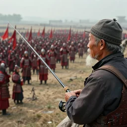 close up cinematic artwork of an old fisherman standing on a battlefield with his fishing rod, looking at the vast ancient Chinese army wearing red armor and holding red flags in the distance by greg rutowski, masterpiece, 4k