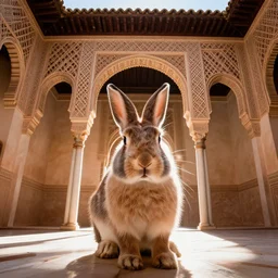 rabbit selfie at alhambra in granada spain mastery of moorish design and architecture, volumetric rays, cinematic lighting