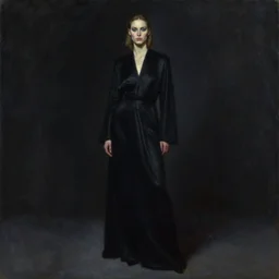 hyperrealism oil painting, long view portrait, fashion model, black robe in complete darkness, soft light, in style of classicism mixed with 8 0 s sci - fi hyperrealism