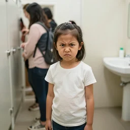 photo of an angry 2 0 year old woman waiting in line for the bathroom