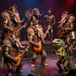 a crowd of elephants and lizards robots playing steampunk futuristic instruments in a grindcore show