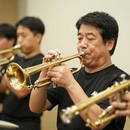 middle aged japanese man playing the trumpet in a ska band