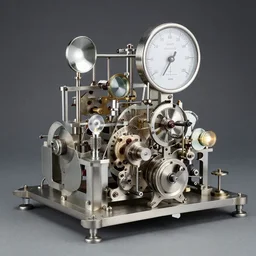 a 1 9 6 0 s measurement device, intricate mechnical details, made of clean steal, mirrors and light bulbs, measurement needle display, studio lighting, complex machinery, museum piece
