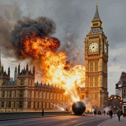 dynamic painting of the Big Ben being blown up by a bomb, explosion, smoke, fire, made by Sylvain Sarrailh