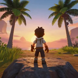 the rock in a sea of thieves selfie, sea of thieves screenshot, palm trees, sunset