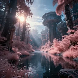urbex by antoine predock, landscape water dieselpunk futuristic morning sun nature at night tron infrared meadow magic realism rainforest, archdaily, wallpaper, highly detailed, trending on artstation.