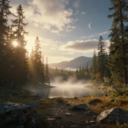 epic crystalline forest with a lake, golden hour, misty ground, rocky ground, distant mountains, atmospheric perspective, altostratus clouds, planets, cinematic, 35mm lens, anamorphic lens flare, photographic, octane render, cinematography by roger deakins, in the style of ansel adams