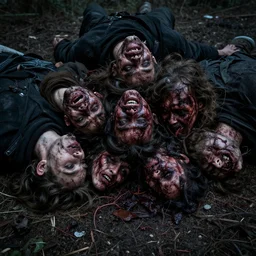 a pile of heads lying on the ground, gruesome, dark, disgusting, horror