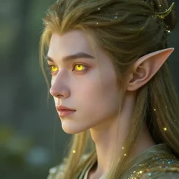 A male elf, yellow eyes, forwards facing, centered, profile shot, fair, fantasy concept art, beautiful, mystical eyes, magical lighting, mystical, shimmers, nature, Artstation, instagram