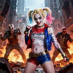 harley quinn fighting super villains, burning wreckage, gotham city, epic cinematic hyperrealism masterpiece, realistic shaded lighting by craig mallismo, artgerm, jeremy lipkin and michael garmash and hans zatzka, unreal engine, radiant light, detailed and complex environment, digital art, art station trends, detailed face