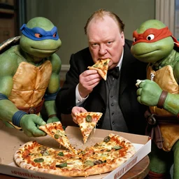Winston Churchill eating pizza with the Teenage Mutant Ninja Turtles, modern color photography