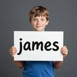 A boy holding a sign saying, james