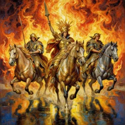 a beautifull intricate painting of riders of the apocalypse, hell on fire in the background, reflexions, verry high details by william turner art, greg rutkowski and alphonse mucha, trending on artstation, very very detailed, masterpiece, vibrant colors