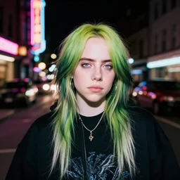 billie eilish in the street, explosion of neon lights, close up, 5 0 mm lens, model photography derailed realistic