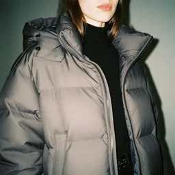realistic photoshooting for a new raf simons lookbook, color film photography, close up, model is wearing a puffer jacket, photo of a woman, photo in style of tyler mitchell, 3 5 mm
