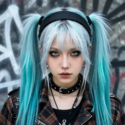 highly detailed closeup portrait of a sewer punk pretty swedish female road warrior student, tartan garment, icey hair pigtails with headband by atey ghailan, by greg rutkowski, by greg tocchini, by james gilleard, by joe fenton, by kaethe butcher, gradient cyan, black, brown and white color scheme, grunge aesthetic!!! white graffiti tag wall background