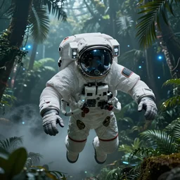 portrait wide angle shot of space astronaut flying inside tropical jungle with palm leaves, small fog and gloomy blue lights, highly detailed science fiction illustration by jeremy geddes. photorealistic, octane render, hyper detailed, 8 k, movie still, artstation, unreal engine,