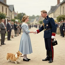 ultra wide 1 9 4 6 blurry historical photo of a single german general shaking hands with a young queen elizabeth in a french village, her corgis are nearby highly detailed, sharp focus