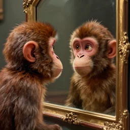 lofi monkey in front of a mirror, reflecting the expression of a human face, Pixar style by Tristan Eaton Stanley Artgerm and Tom Bagshaw, high detail, elegant, concept art