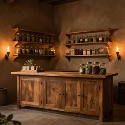 an herbalist shop a wood counter and cabinets in the center, simple adobe wall,, simple wood shelves, lots of jars and boxes of herbs, torch lit warm dark fantasy matte painting in the style of ruan jia and craig mullins
